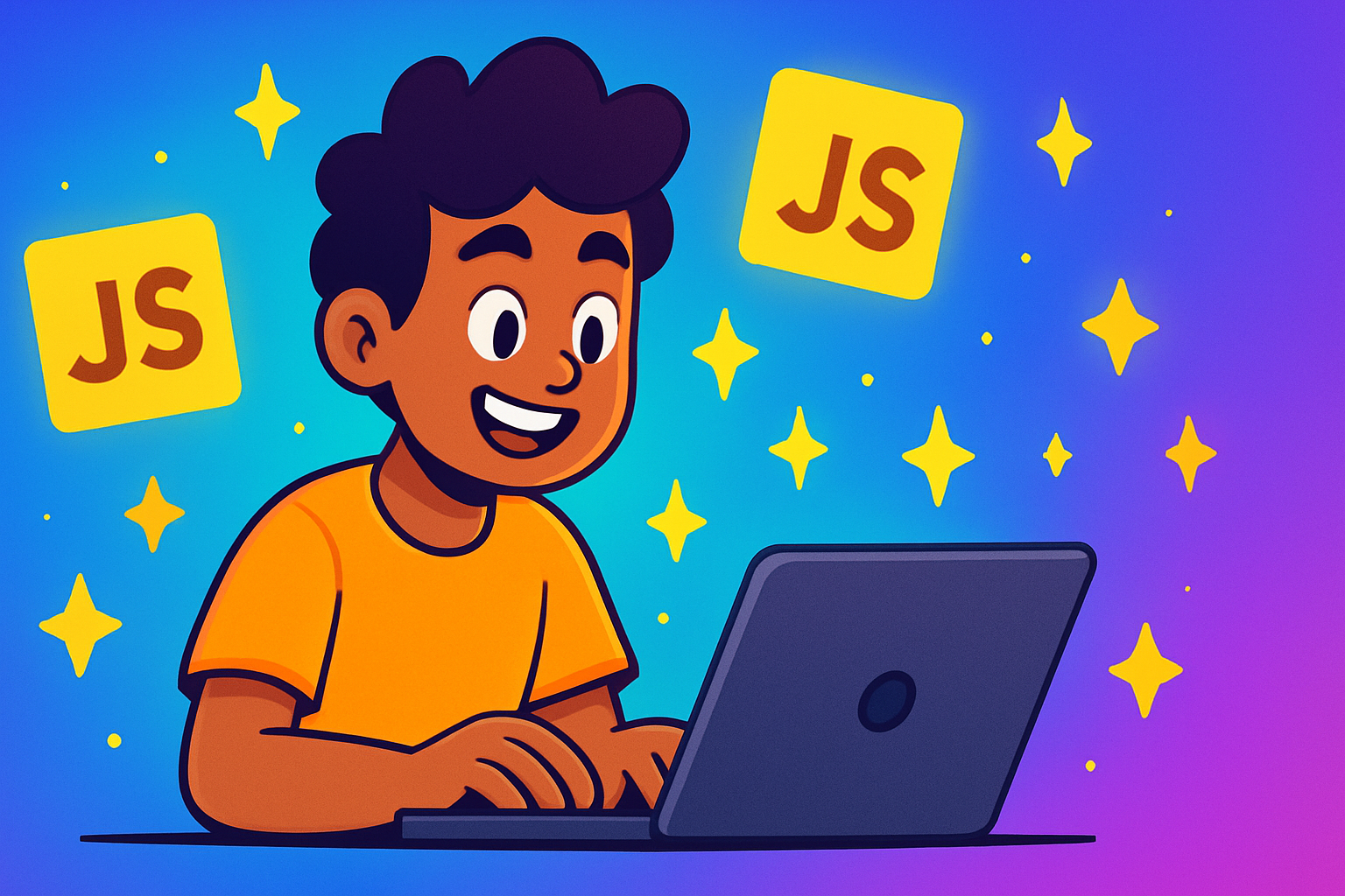 A person happily learning JavaScript beginner hacks in 2025.