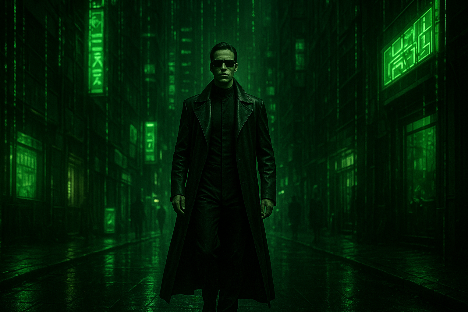 code falling like rain around them. The lighting is moody, high-contrast, and dominated by a green digital glow. Photorealistic 8K render, shot on 50mm lens.