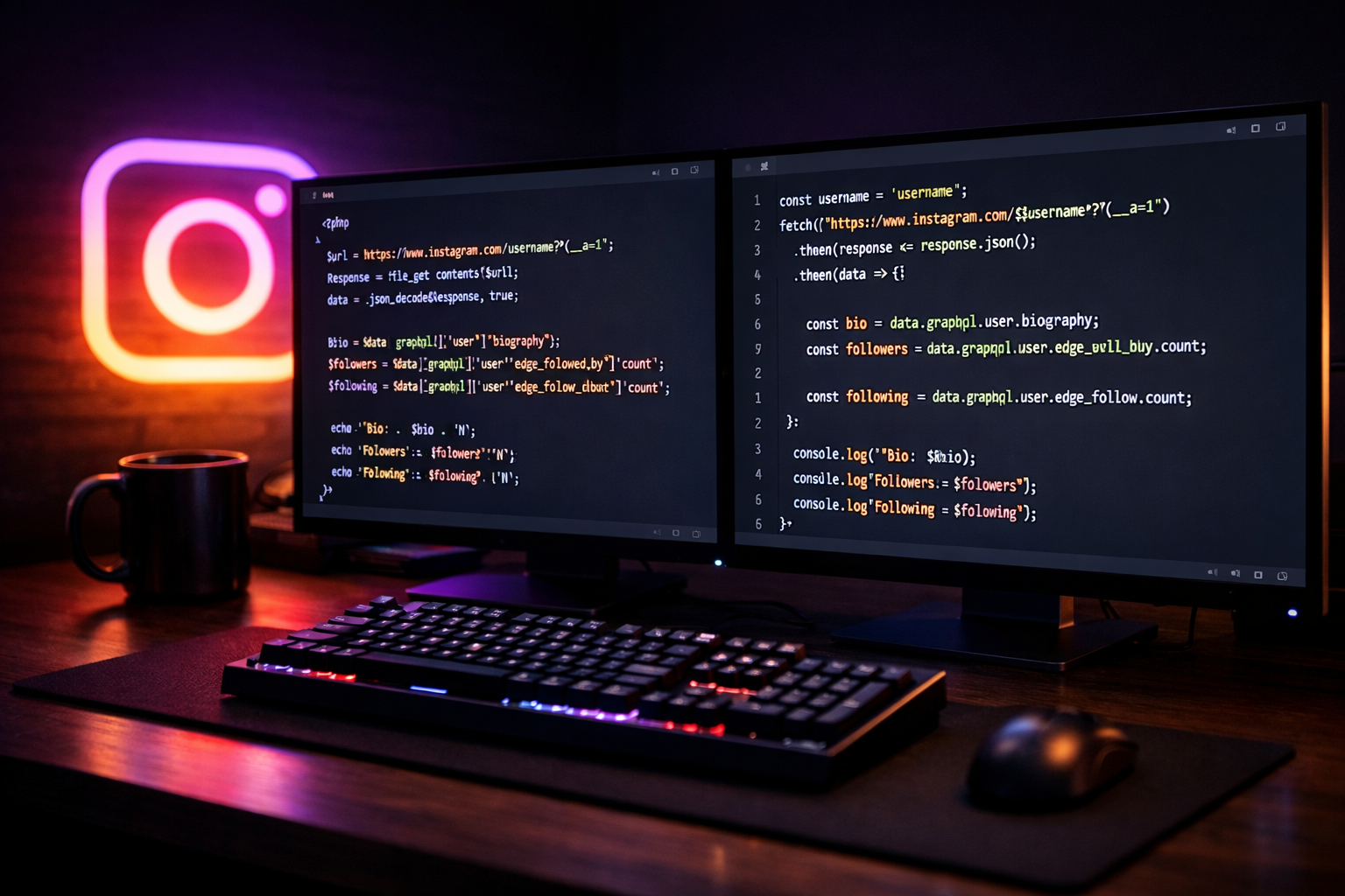 Senior developer workstation showing code to fetch Instagram bio and numbers