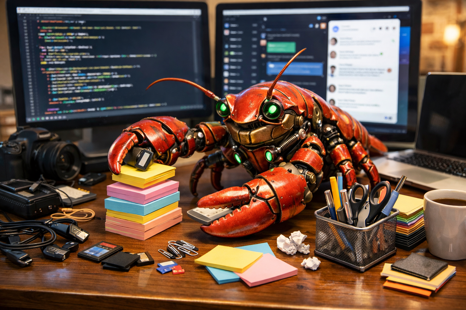 A mechanical lobster sorting digital files on a desk.