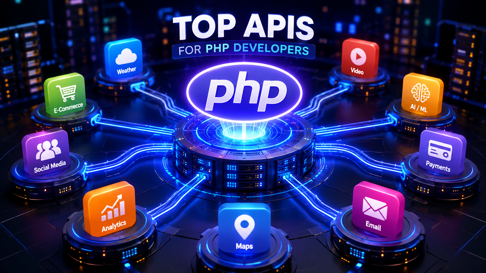 2. The Money Handler: Stripe API - Top APIs - Glowing PHP logo connecting to various app icons representing web APIs.