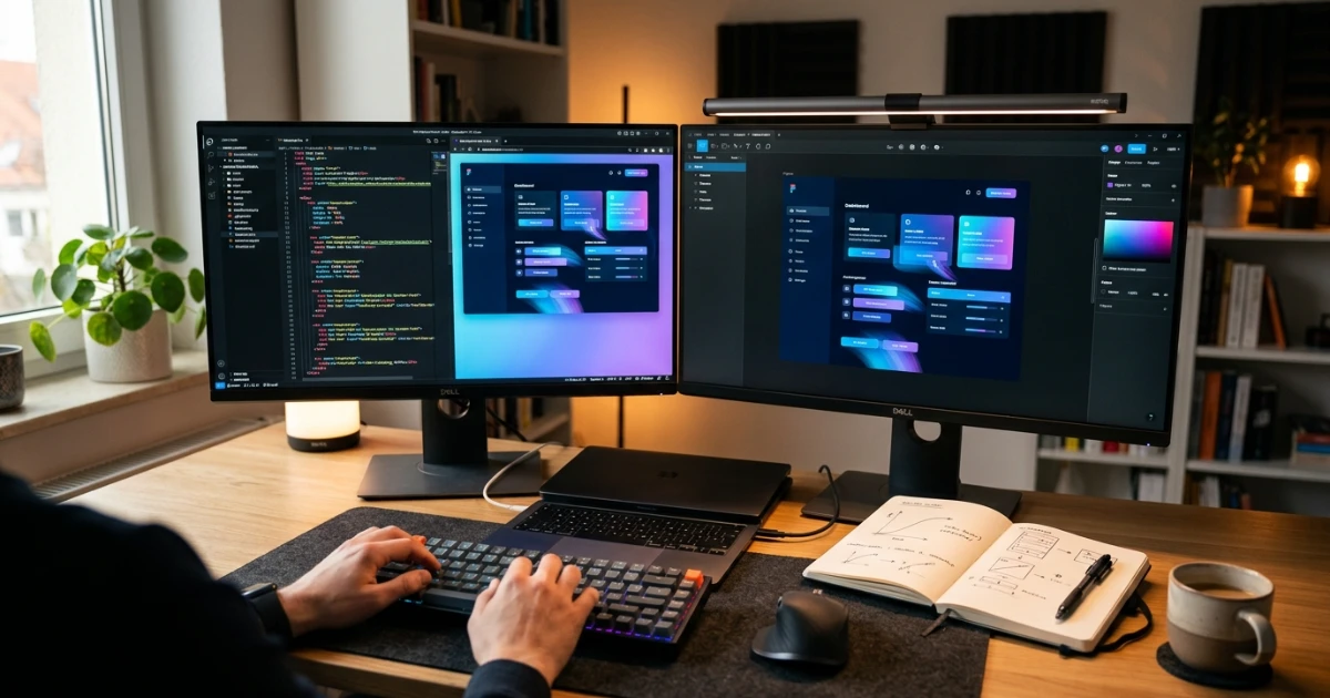 A designer workstation showing smooth CSS animation prototypes and timeline curves on monitors.