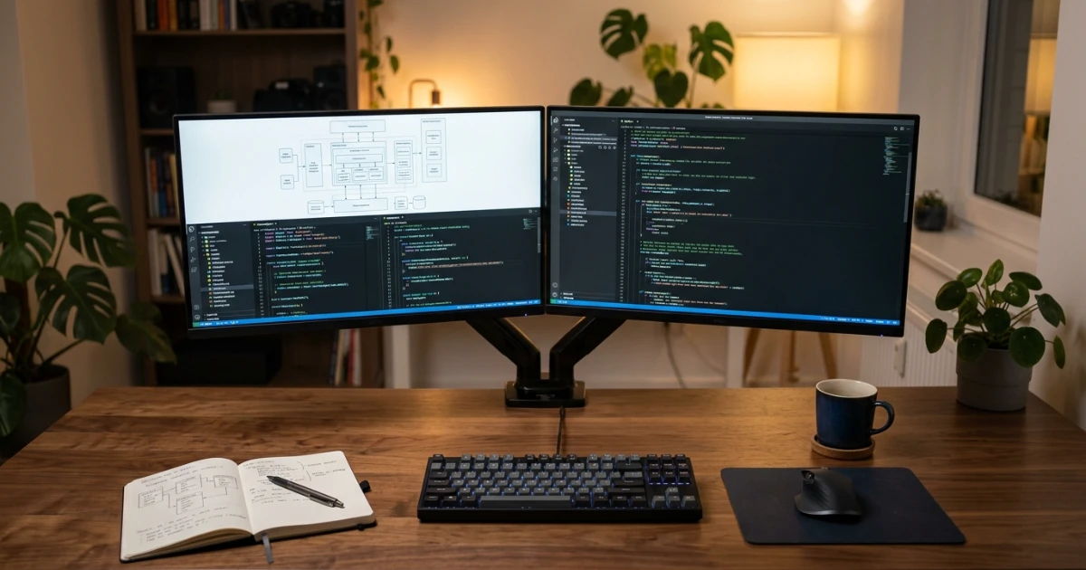A developer workstation showing full-stack eCommerce website roadmap architectural diagrams and code.