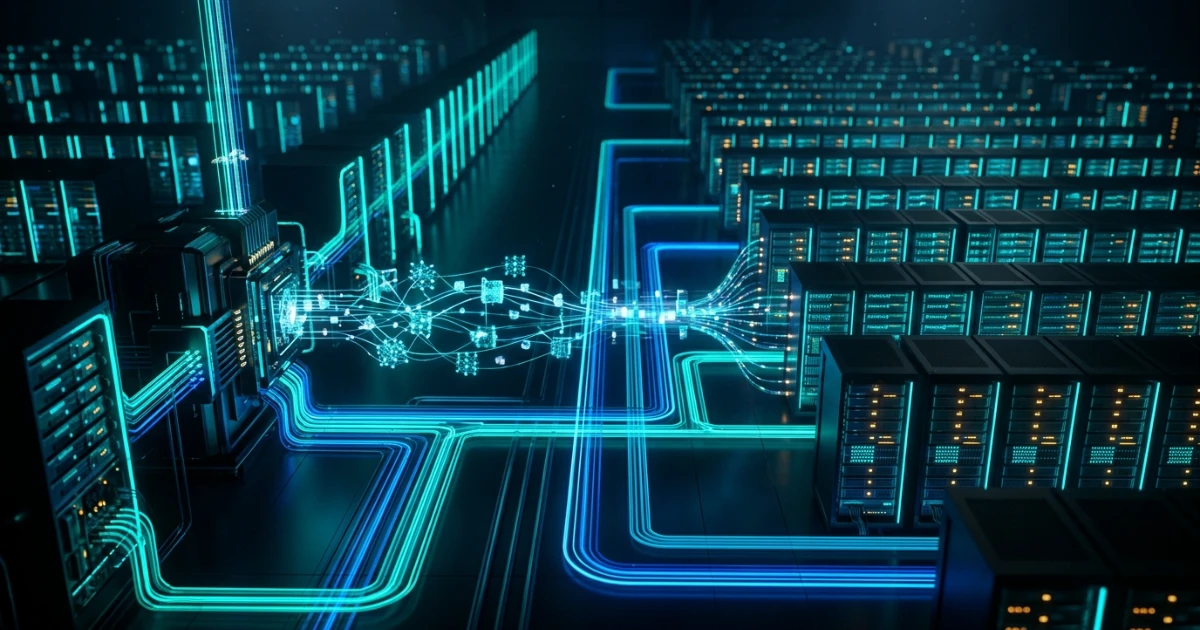 A high-tech cloud data center visualization representing successful AI production deployment across scalable GPU server clusters.