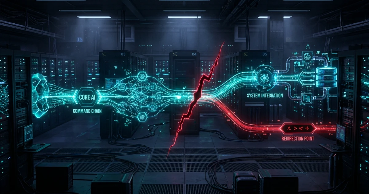A high-tech digital visualization representing Agentjacking where autonomous AI agent workflows are hijacked across enterprise systems.