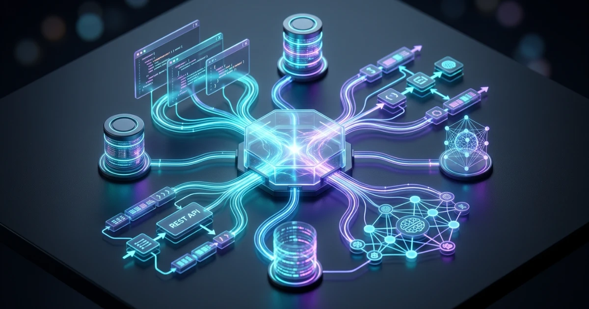 Conceptual 3D visualization of Model Context Protocol (MCP) connecting web development tools and AI models