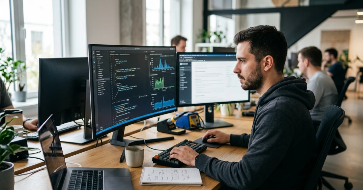 Developer workspace showcasing modern JavaScript Fetch API streaming code and real-time network streams