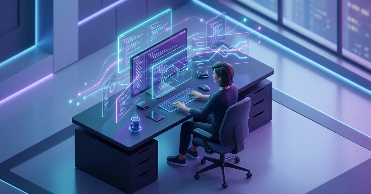 Futuristic developer workstation visualizing modern PHP 8.5 features and code pipeline optimizations.