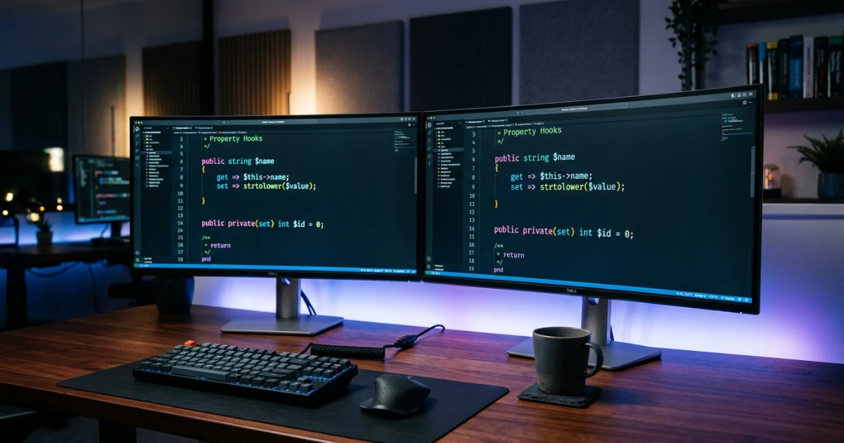Modern developer workspace showcasing the complete PHP 8.4 roadmap on multi-monitor setup.