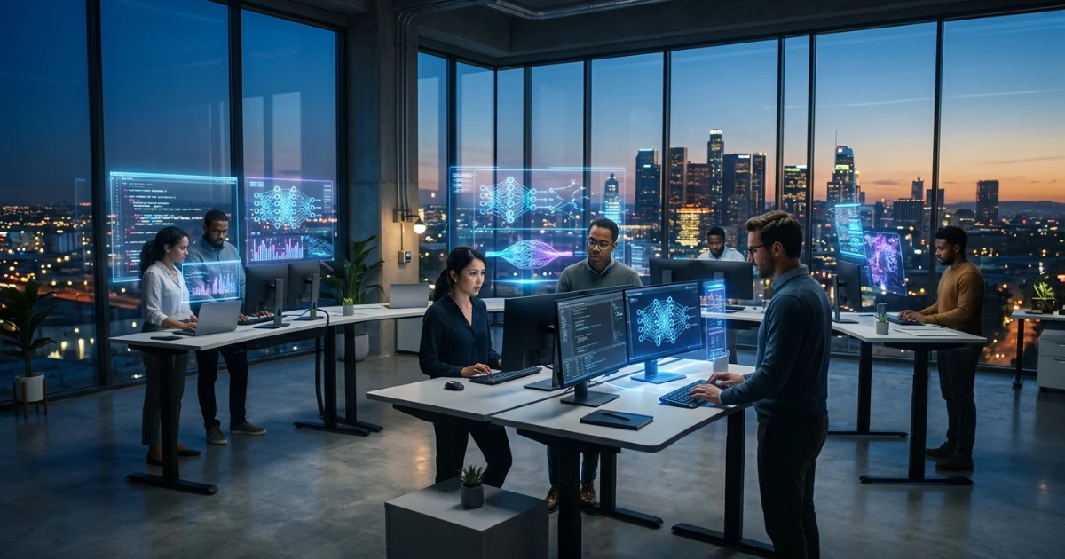 Modern engineering team working alongside intelligent autonomous digital systems.